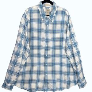 LL Bean Button Down Mens XXL Blue Green Plaid Linen Slightly Fitted Shirt Summer